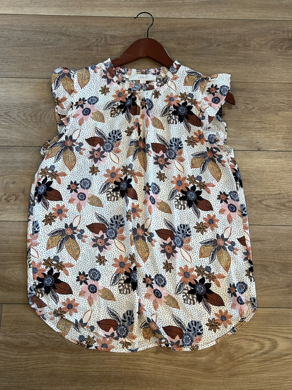 LOFT Floral Short Sleeve Blouse Ivory Pink Navy Medium